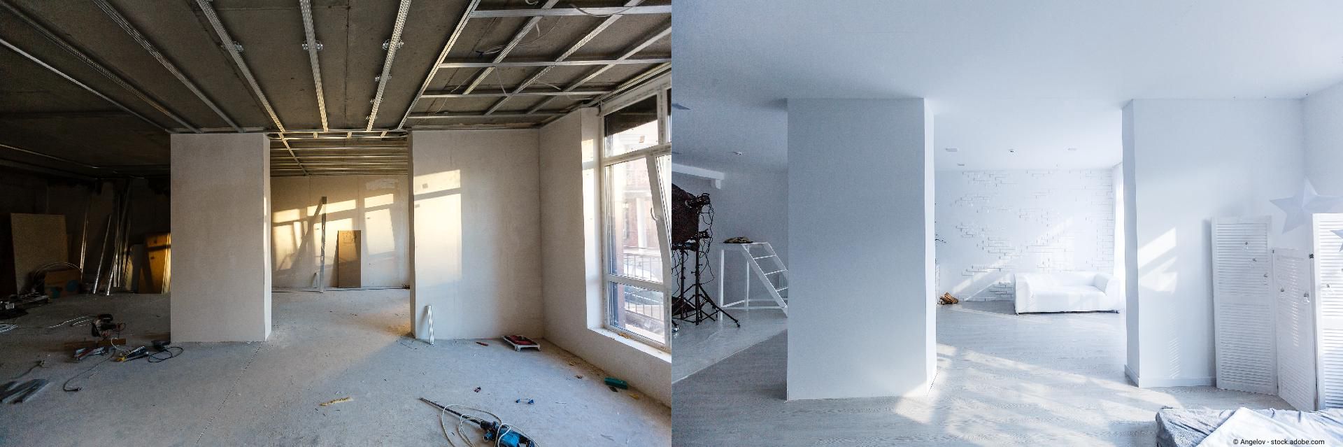Unfertiger Innenraum mit sichtbaren Deckenstrukturen und großen Fenstern, im Umbau