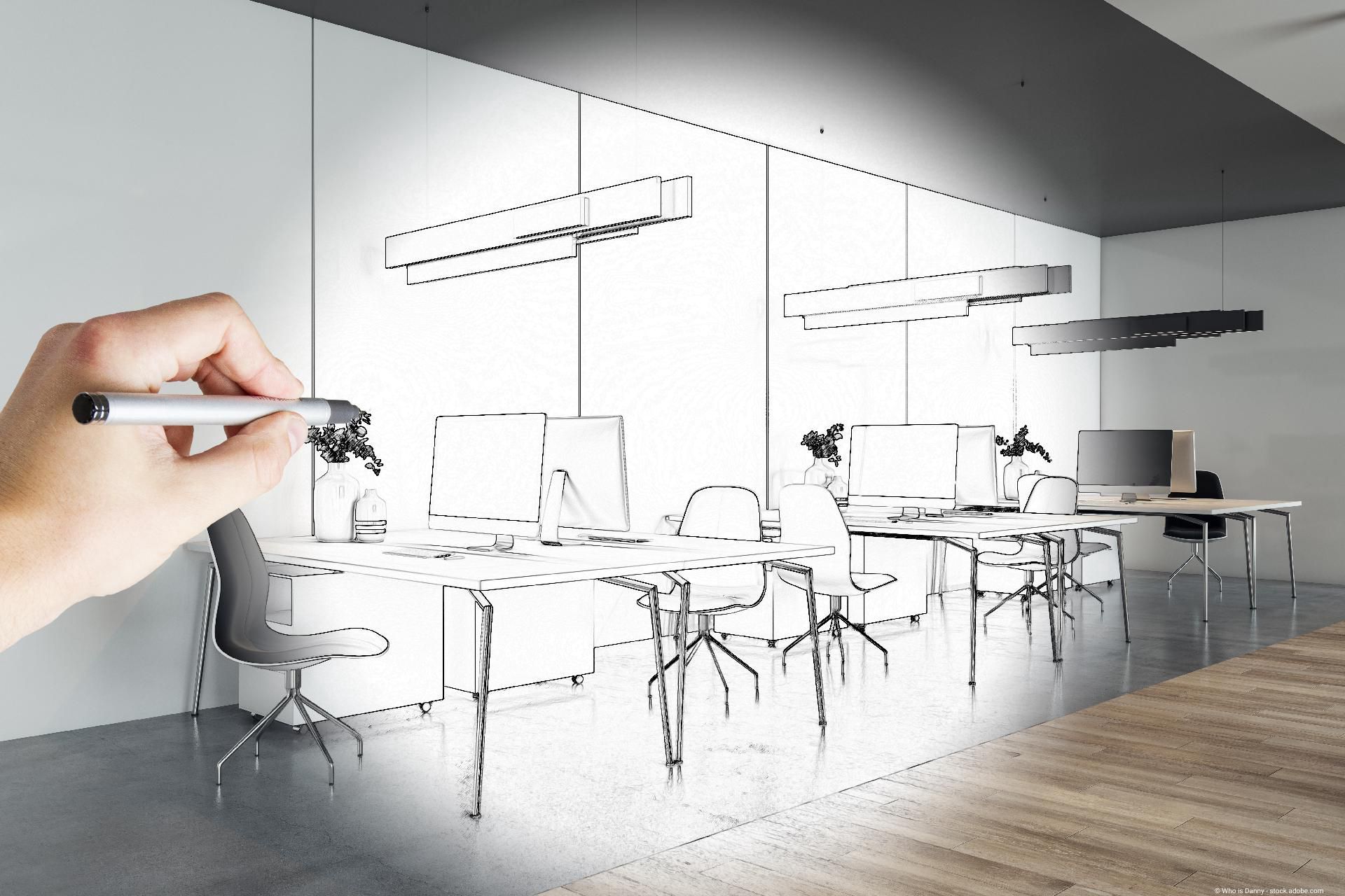 Hand skizziert ein Bürodesign, das in eine realistische Büroansicht übergeht