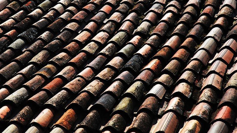 Gros plan sur des rangées de tuiles de toit en terre cuite incurvées, aux tons rouges, bruns et noirs patinés par le temps.