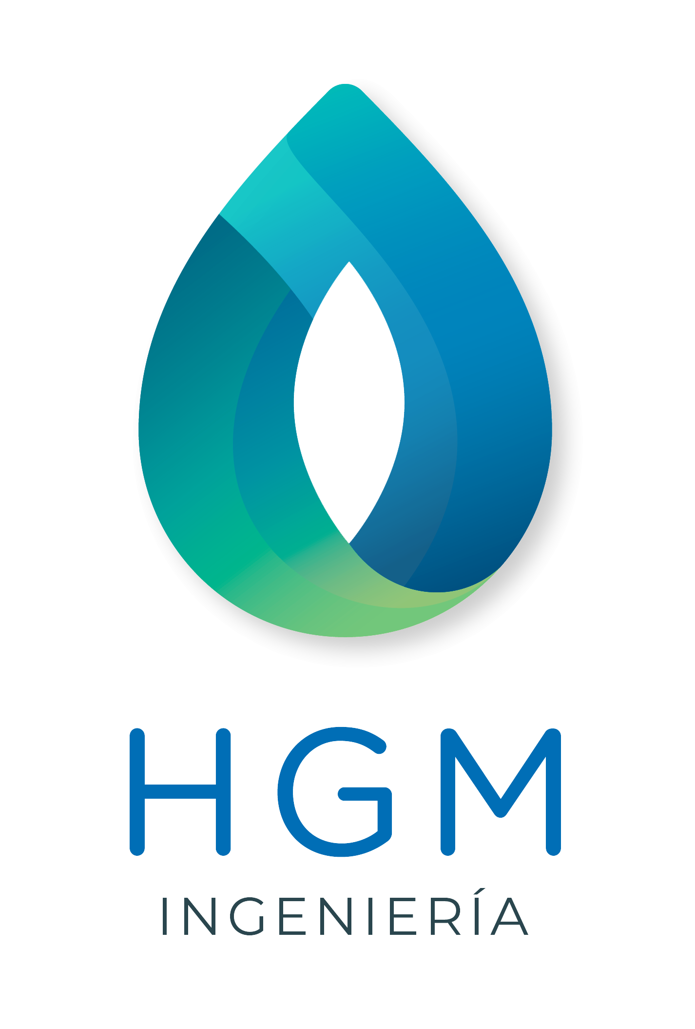 Logotipo de HGM Ingeniería: Forma de lágrima azul y verde azulado con el nombre de la empresa debajo.