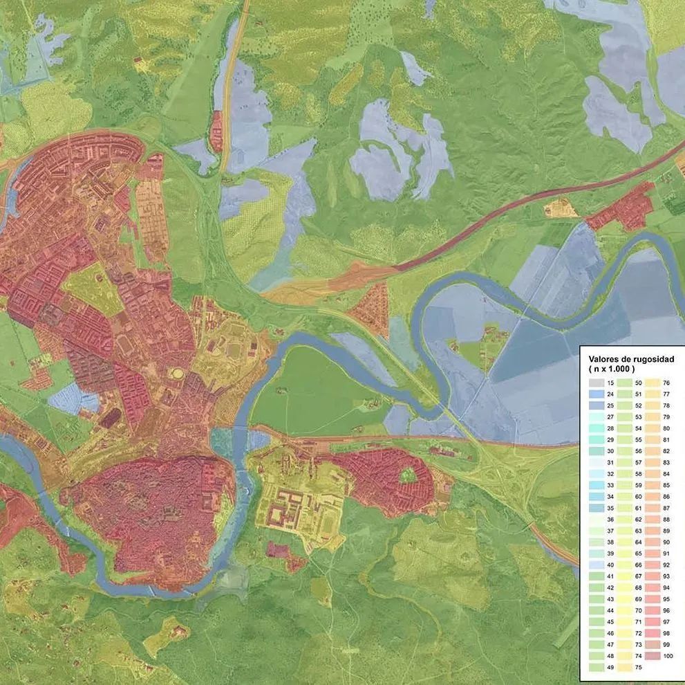 Mapa que muestra los tipos de vegetación en un valle fluvial. Los colores representan diferentes densidades de vegetación; predominan los verdes, azules y rojos.