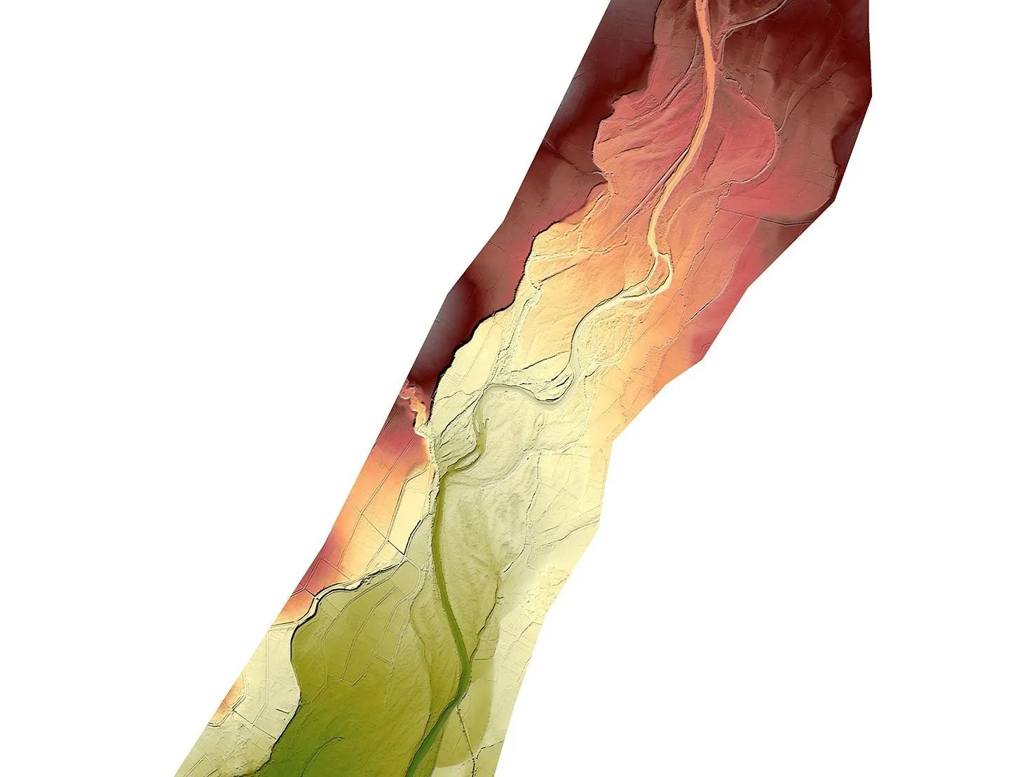 Mapa topográfico de un valle, con colores degradados de verde, amarillo y rojo que representan la elevación.