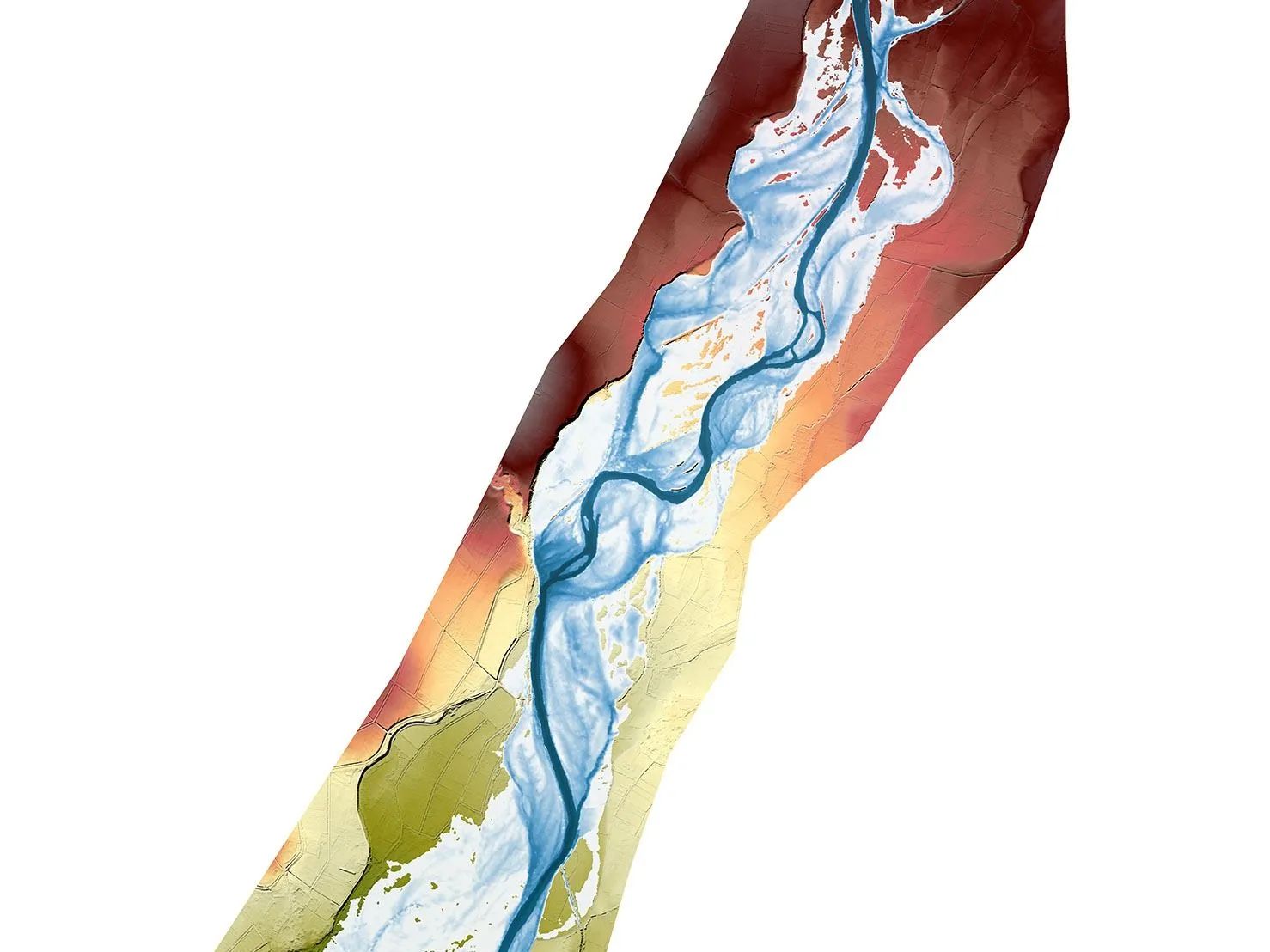 Vista desde arriba de un río serpenteante con diversas tonalidades de azul y marrón, rodeado de tierras de color más claro.