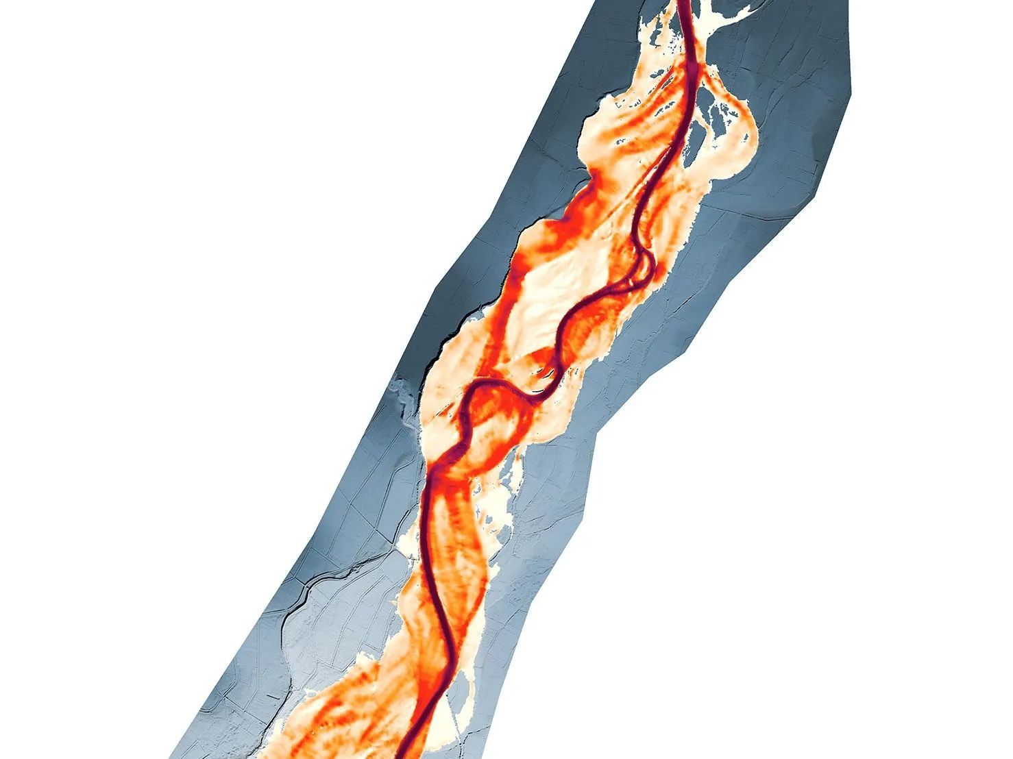 Mapa de un río con zonas rojas que indican la extensión de las inundaciones. El río fluye a través de un paisaje grisáceo y texturizado.