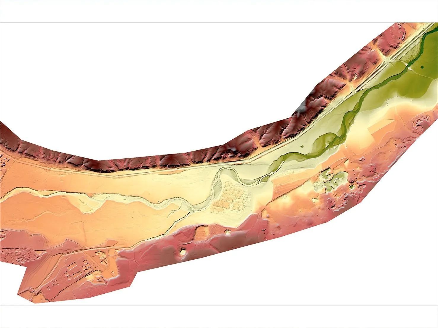 Mapa topográfico de un río y el paisaje circundante, que muestra los cambios de elevación mediante variaciones de color.