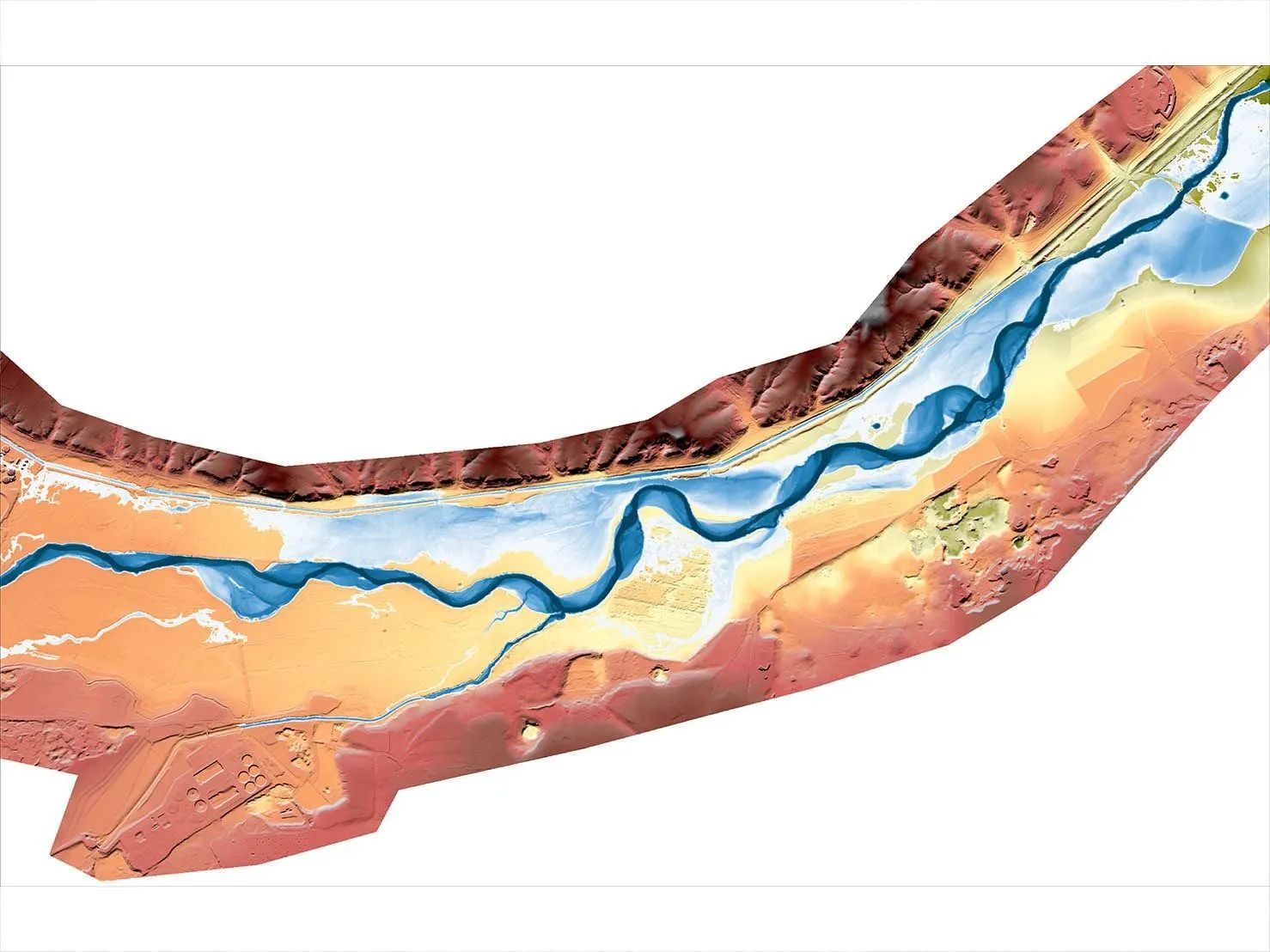 Mapa topográfico de un río y el paisaje circundante, con tonalidades de azul, marrón y amarillo.
