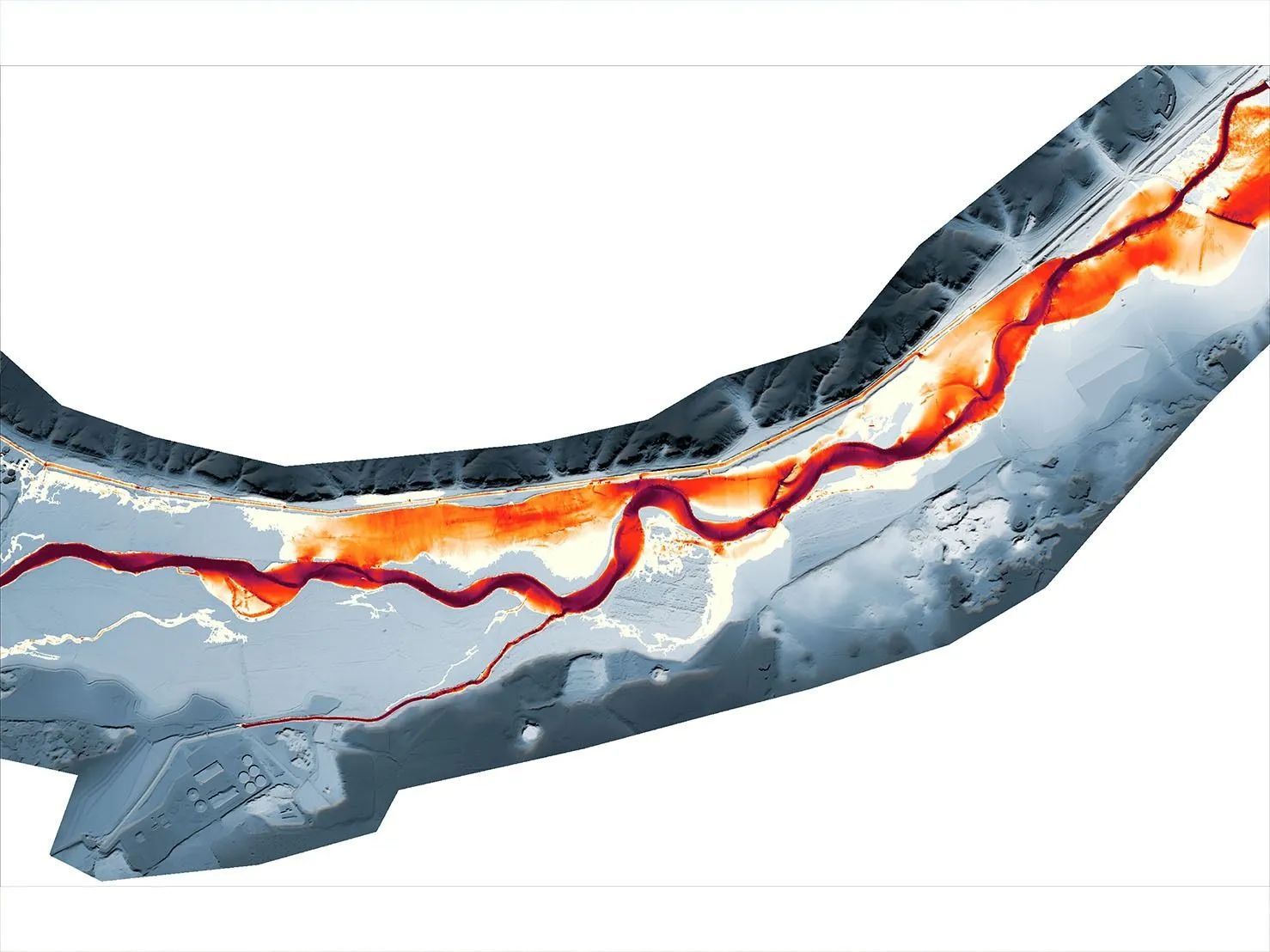 Vista superior de un río, representada en tonos grises y rojos, que muestra la elevación y la profundidad.