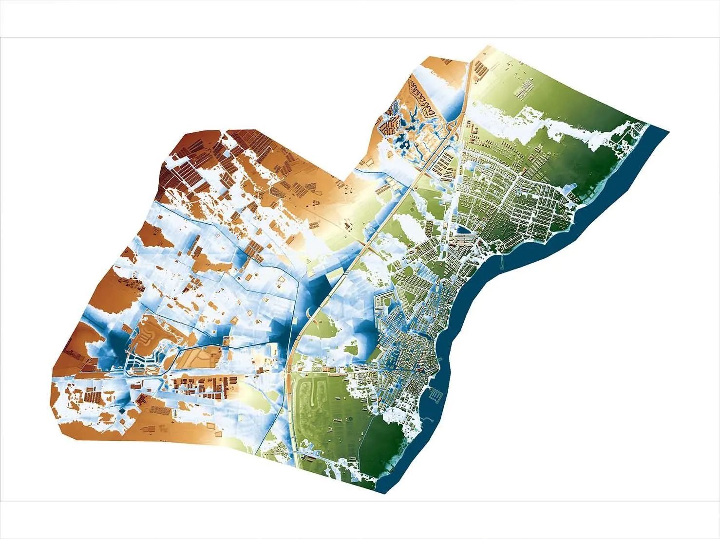 Mapa topográfico que representa una zona urbana con diferentes elevaciones. Los colores marrón, azul y verde muestran las distintas alturas del terreno.