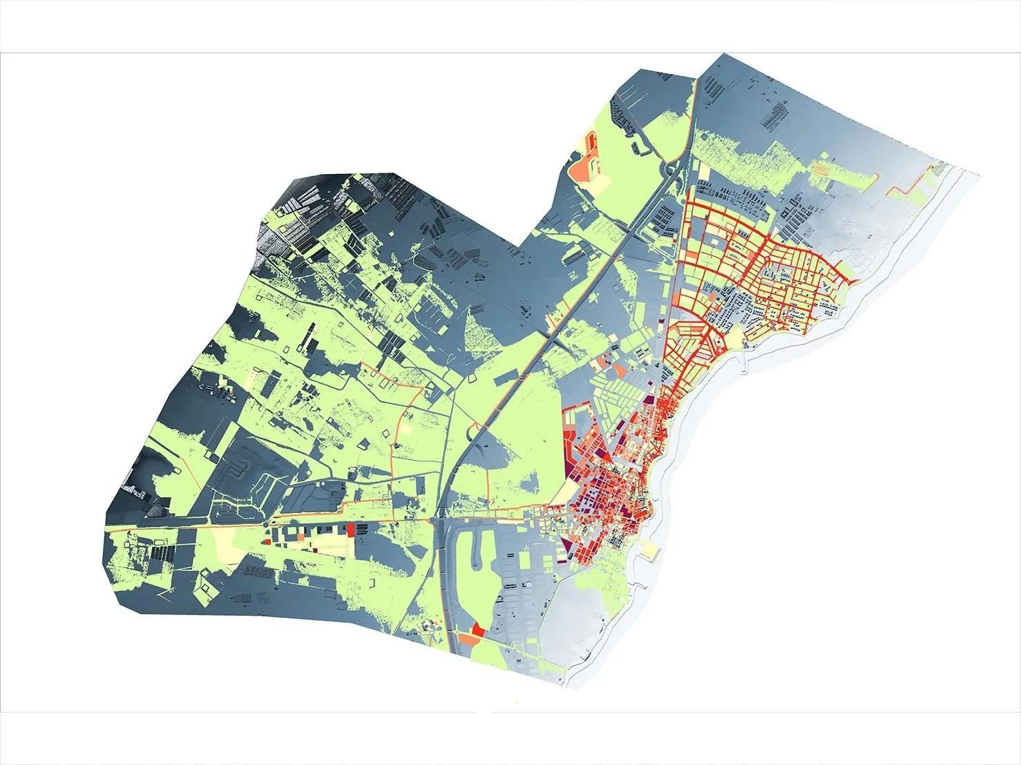 Mapa topográfico con datos de elevación codificados por colores que muestra una ciudad y el terreno circundante, sombreado de verde a rojo.