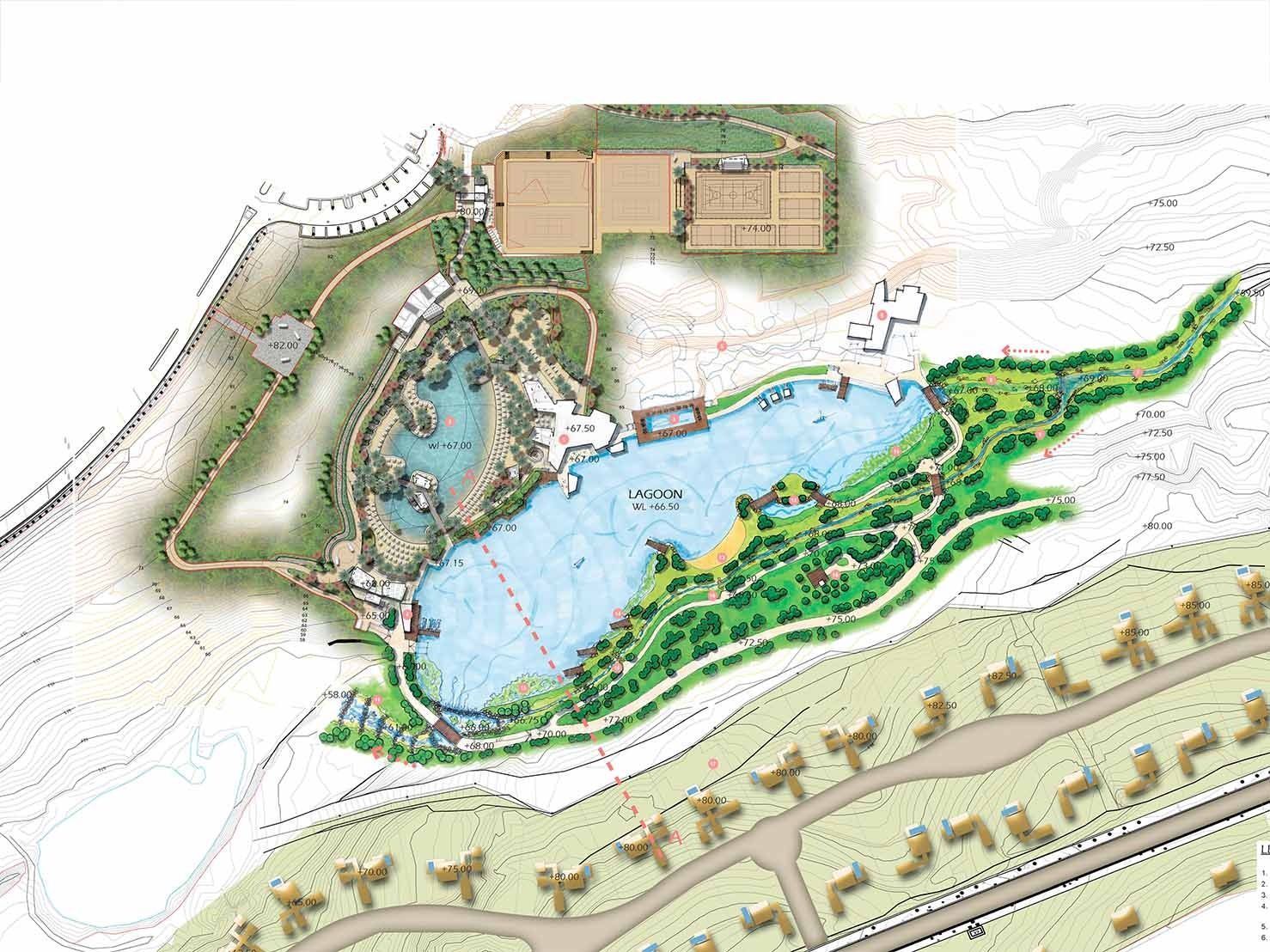 Vista aérea de un parque con lago, edificios, senderos y árboles.