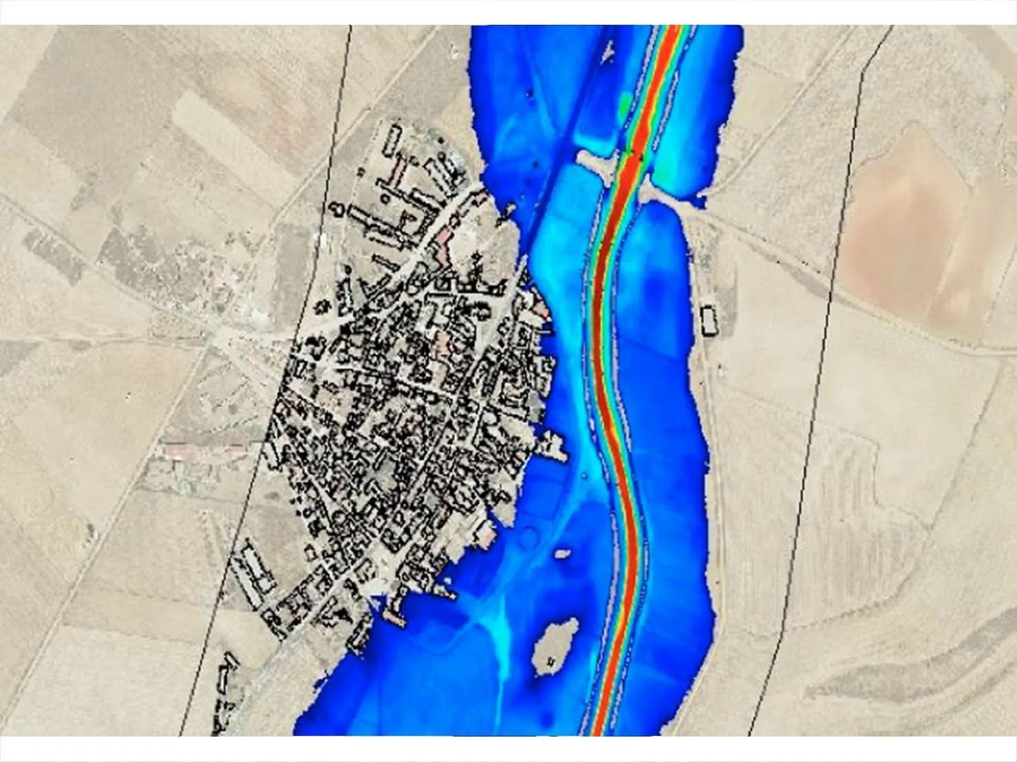 Mapa de simulación de inundaciones; pueblo junto a un río; el azul indica la profundidad de la inundación, y el rojo muestra la inundación más profunda.
