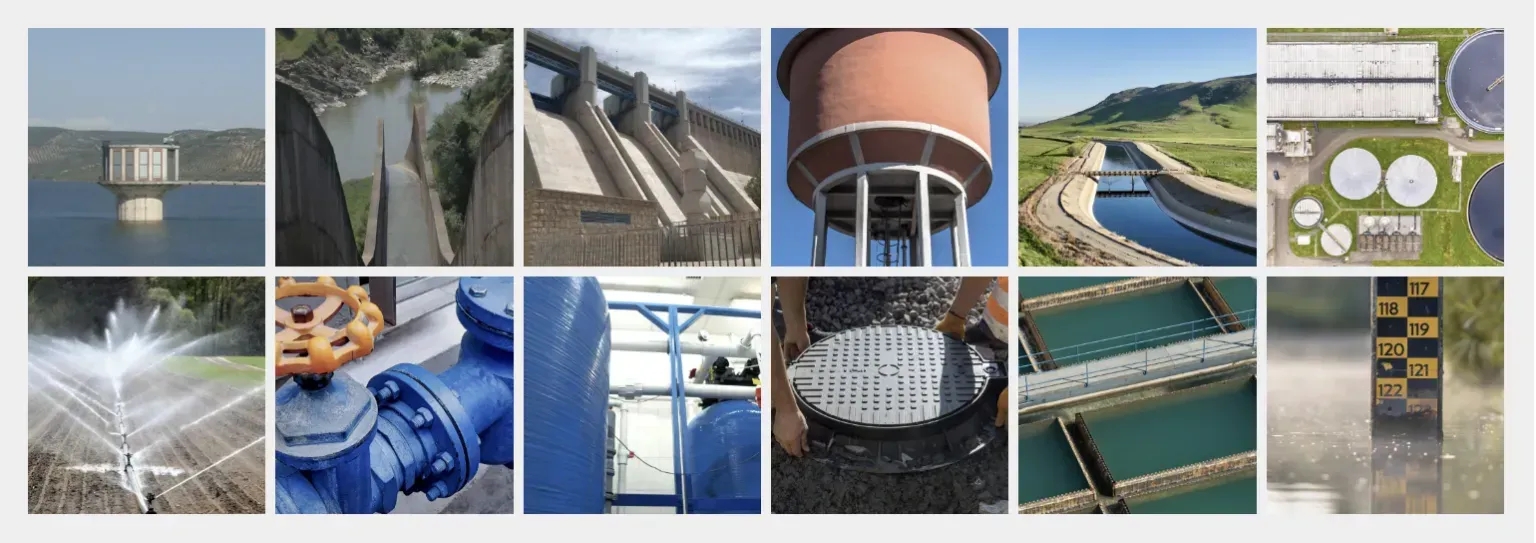 Infraestructura hídrica: presas, tuberías, torres de agua, canales y tratamiento de agua, en una visión general.