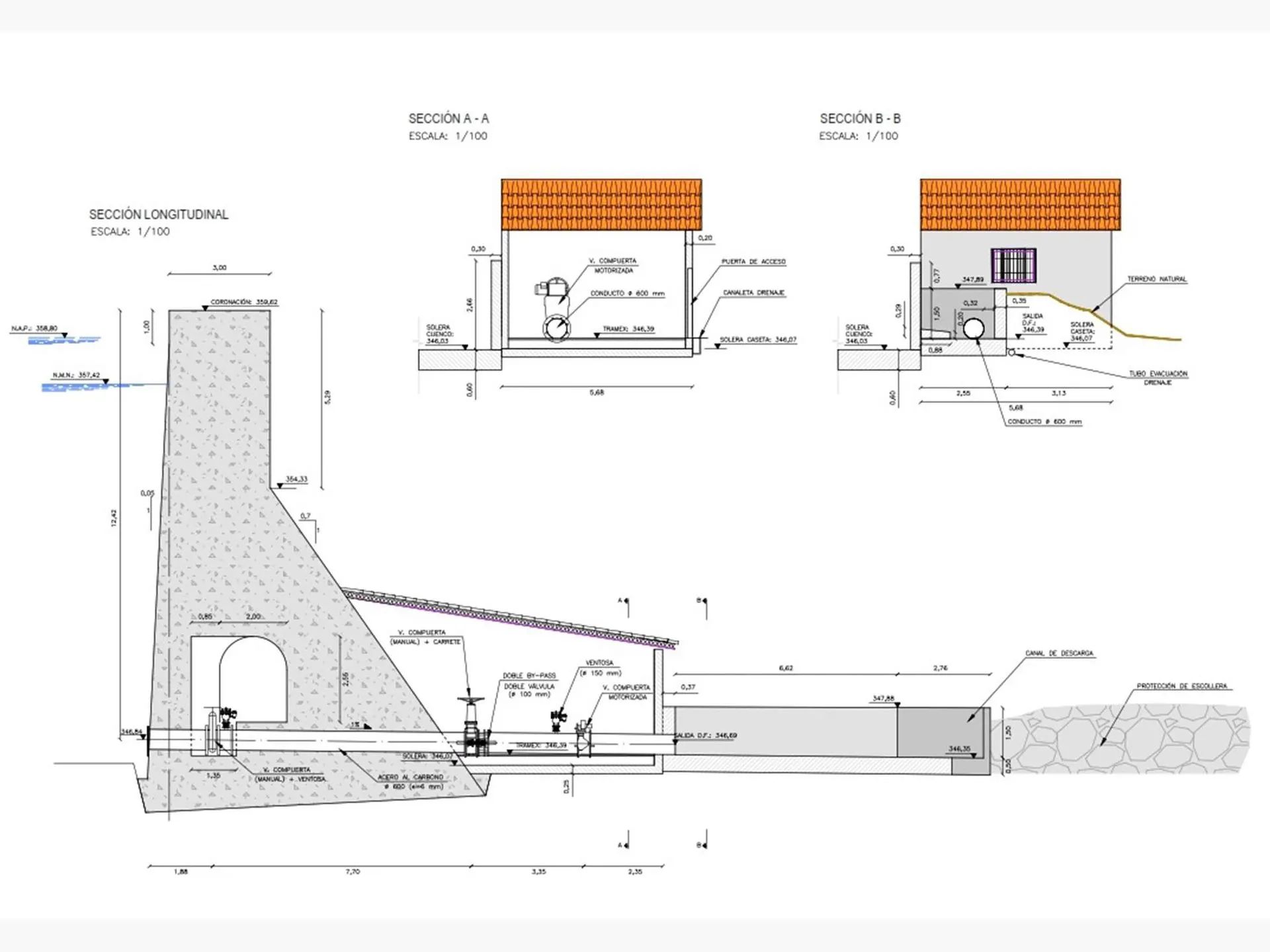 Planos arquitectónicos de un edificio con secciones transversales, que muestran detalles de diseño de los cimientos, las instalaciones de fontanería y el tejado.