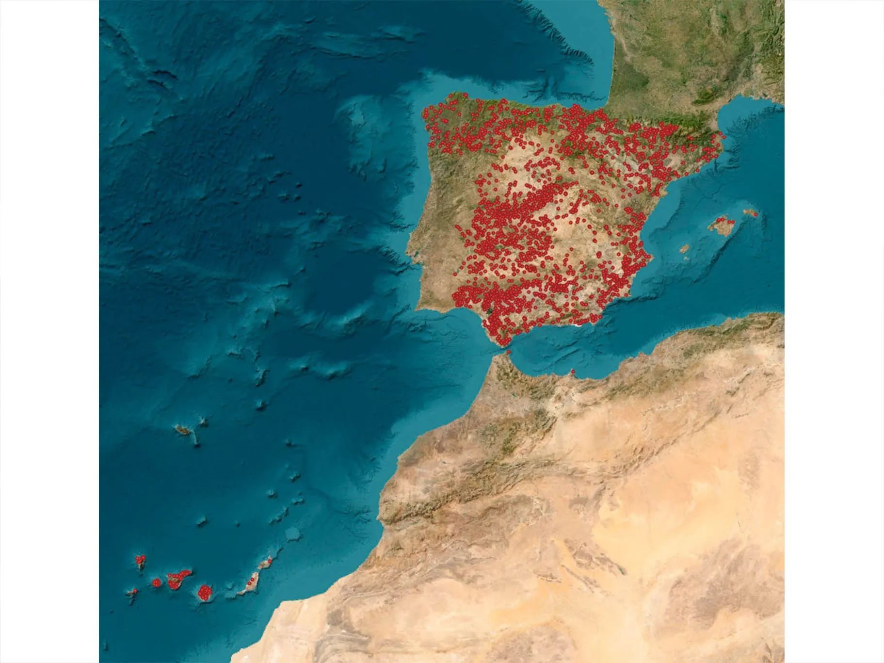 Mapa de la Península Ibérica con puntos rojos que indican las ubicaciones.