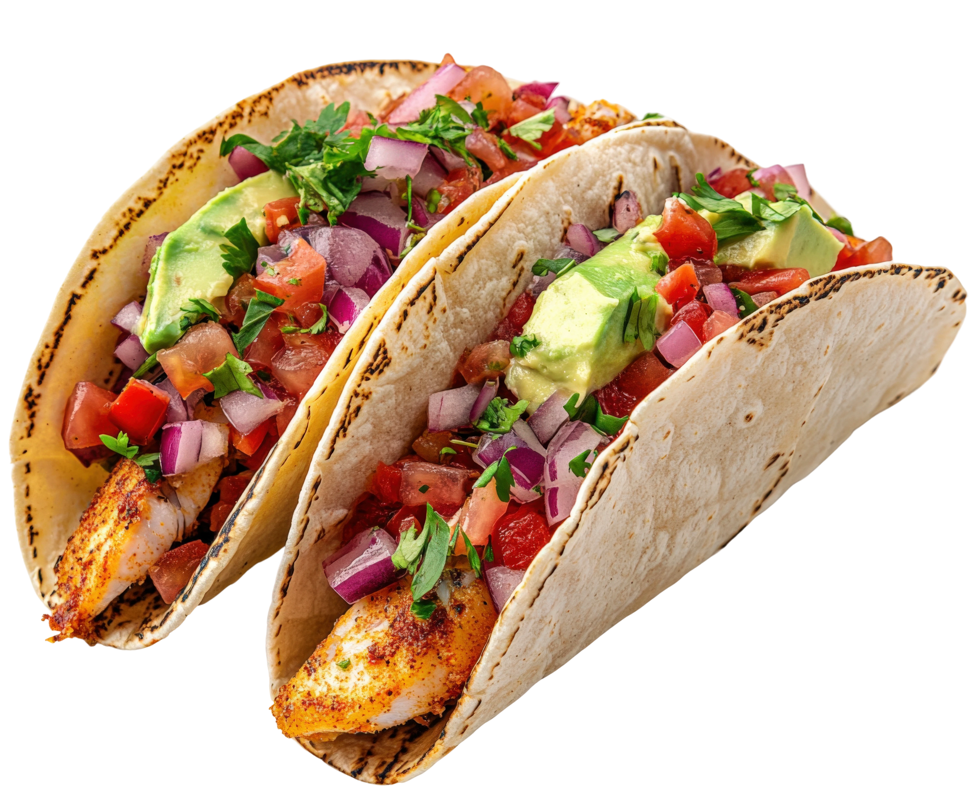Deux tacos garnis de tomates en dés, d'oignons rouges, de tranches d'avocat et de coriandre, dans des tortillas de farine.