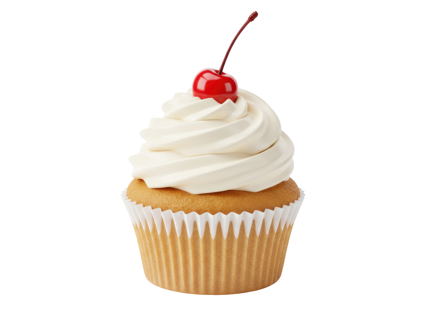 Un baba au rhum à la crème blanche et surmonté d'une cerise rouge.