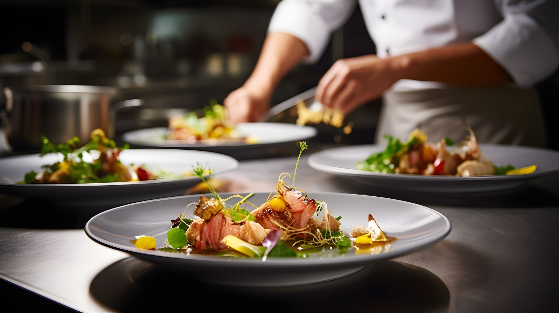 Dans la cuisine d'un restaurant professionnel, un chef dresse des plats gastronomiques artistiques sur des assiettes grises.