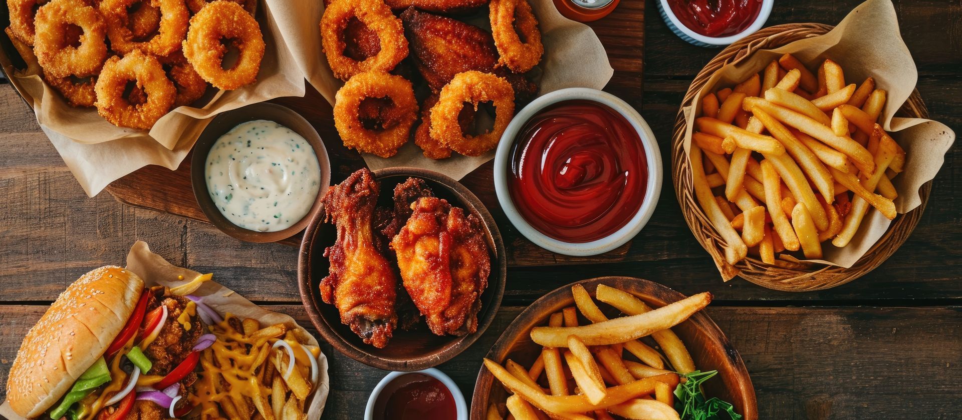 Vue sur des plats de restauration rapide, notamment des rondelles d'oignon, du poulet frit, des frites et un hamburger.
