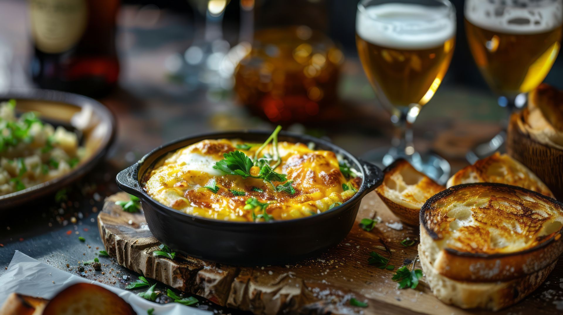 Un plat d'œufs gratinés au fromage, servi dans une poêle avec du pain grillé et des verres de bière sur une table en bois.