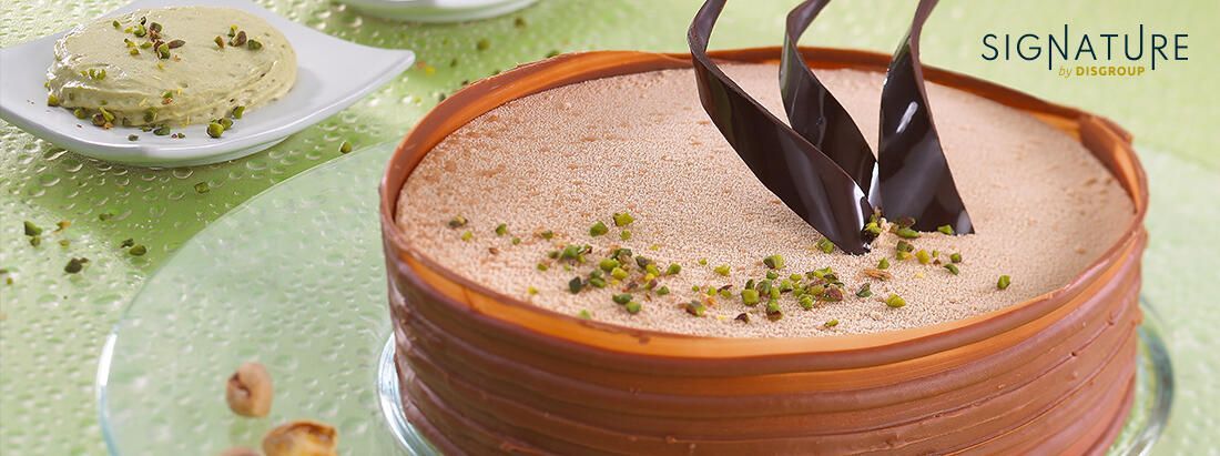 Un gâteau rond au chocolat décoré de miettes de pistache et d'éclats de chocolat, servi sur un support vert clair.