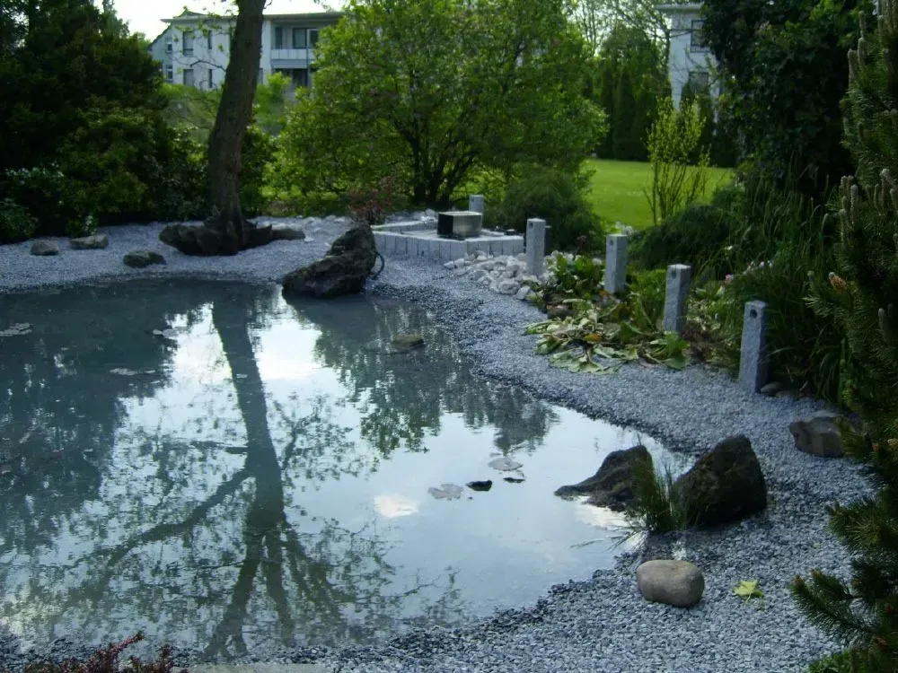 Ein Teich umgeben von Steinen und Bäumen in einem Garten