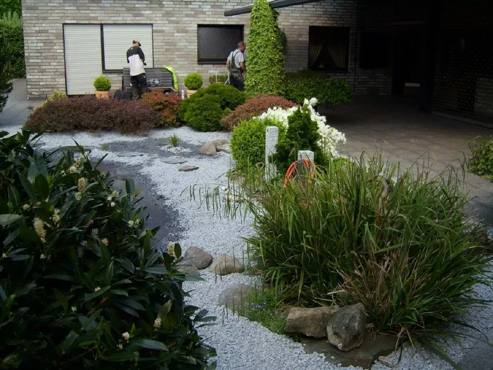 Ein Steingarten mit einigen Pflanzen und Büschen vor einem Haus