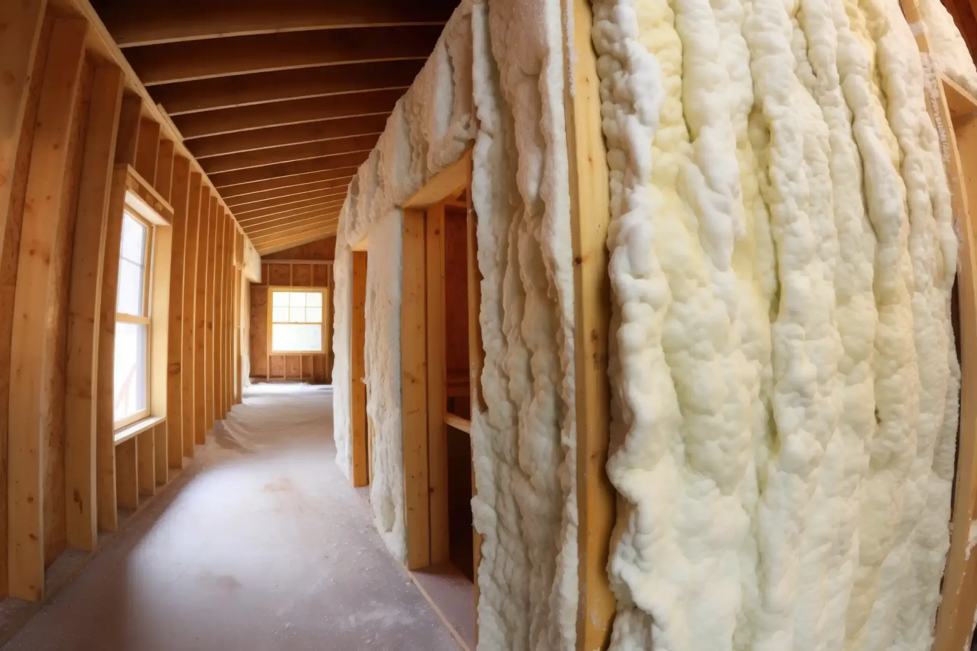 Interior de un edificio en construcción, aislamiento de espuma proyectada en las paredes, estructuras de madera, luz natural.