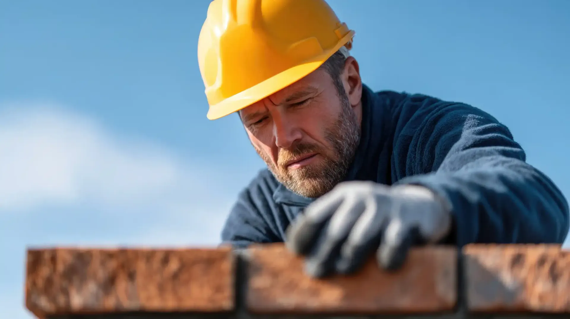 Obrero de la construcción, con casco y guantes amarillos, coloca un ladrillo contra un cielo azul.