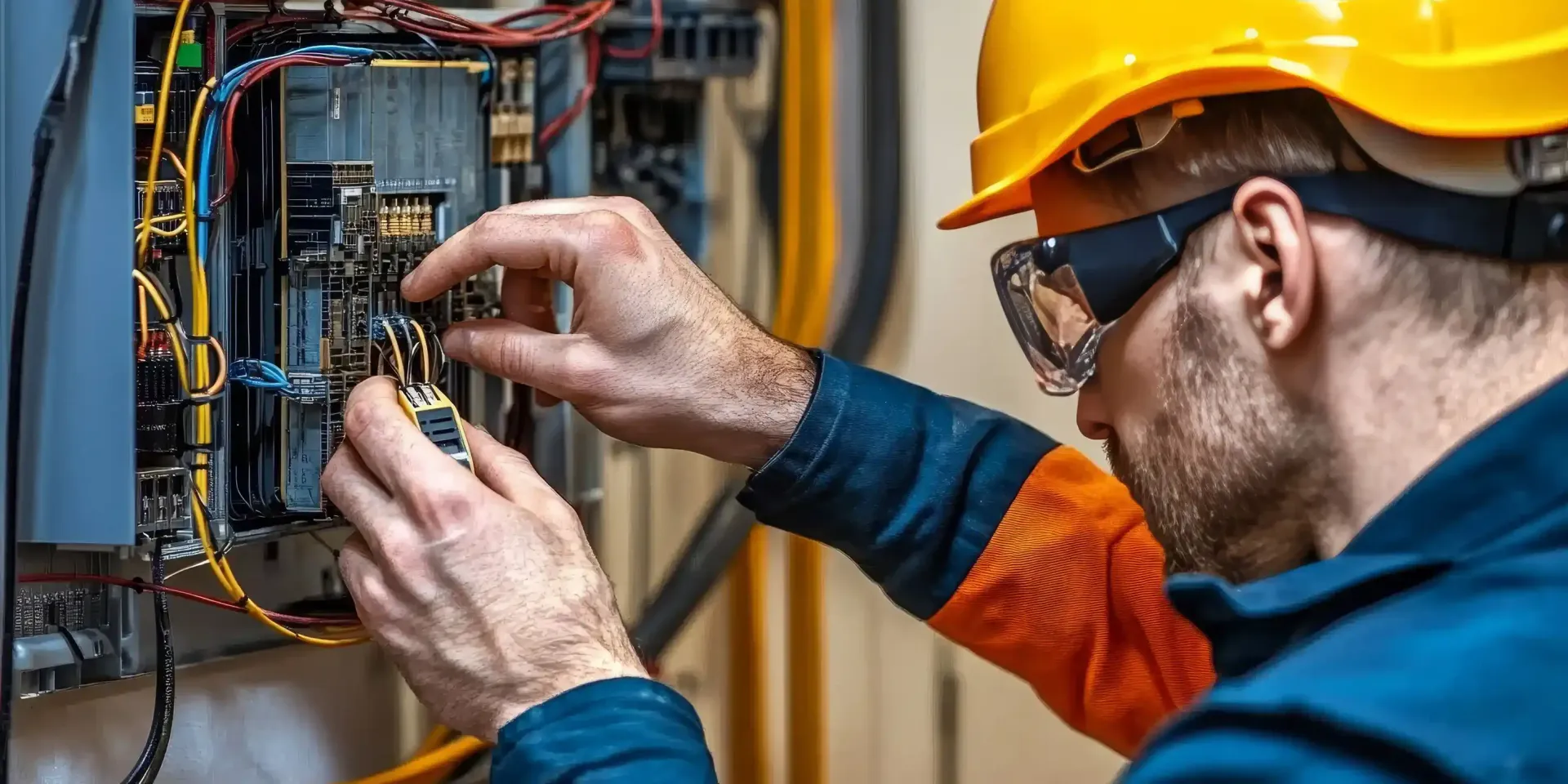 Electricista trabajando en el panel eléctrico, con gafas de seguridad y casco amarillo.
