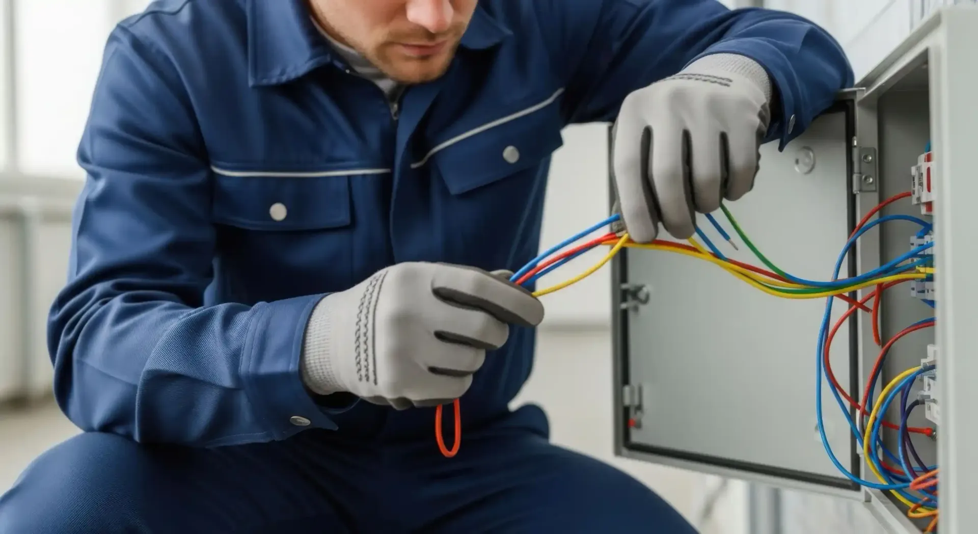 Electricista trabajando en el cableado de un panel eléctrico abierto. Lleva guantes y traje de trabajo azul.