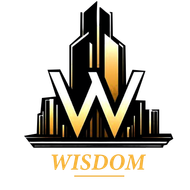 Logotipo con una "W" dorada y un rascacielos estilizado, la palabra "WISDOM" debajo.