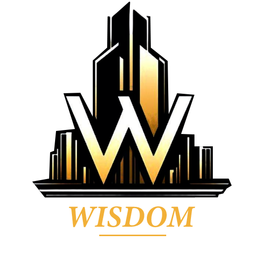 Logotipo con una "W" dorada y un rascacielos estilizado, la palabra "WISDOM" debajo.