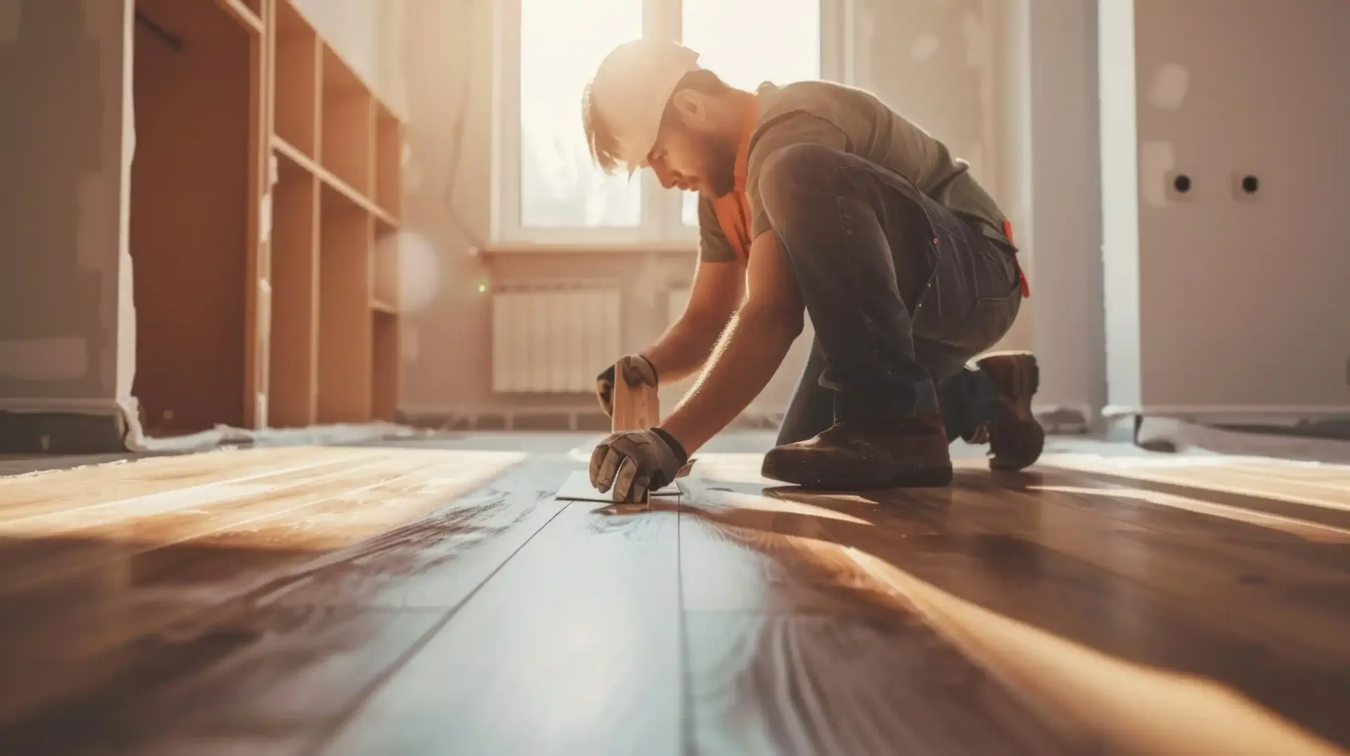 Trabajador aplicando sellador a un piso de madera dura, usando equipo de seguridad en una habitación iluminada por el sol.