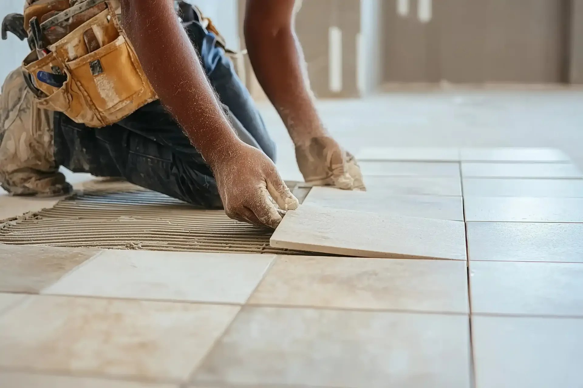 Persona arrodillada instalando baldosas. Manos cubiertas de polvo. Ambiente interior.