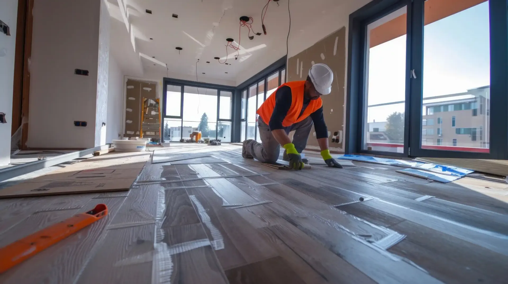 Obrero de la construcción instalando suelo en una habitación luminosa y espaciosa.