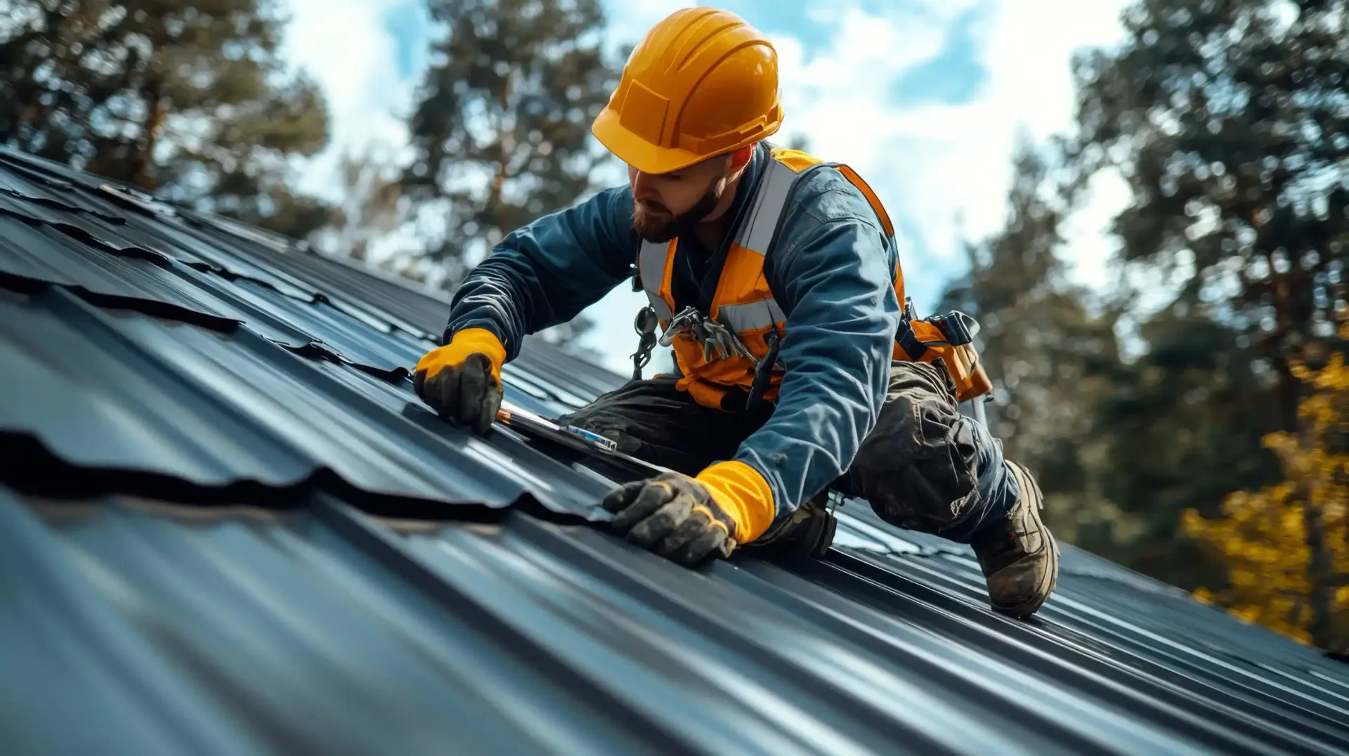 Techador con equipo de seguridad instalando paneles metálicos para techos en un tejado inclinado.