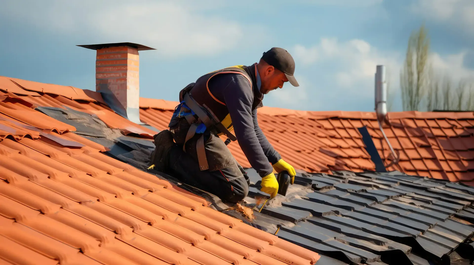 Un techador con arnés de seguridad repara un tejado de tejas rojas dañado, cerca de una chimenea, en un día soleado.