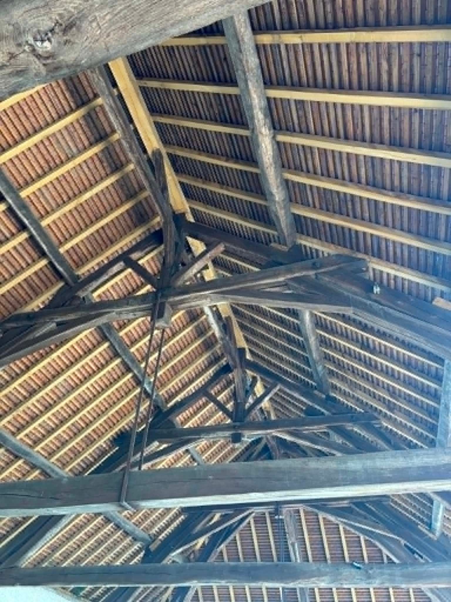 Charpente et poutres en bois soutenant un plafond en pente, la lumière du soleil filtrant à travers les chevrons.