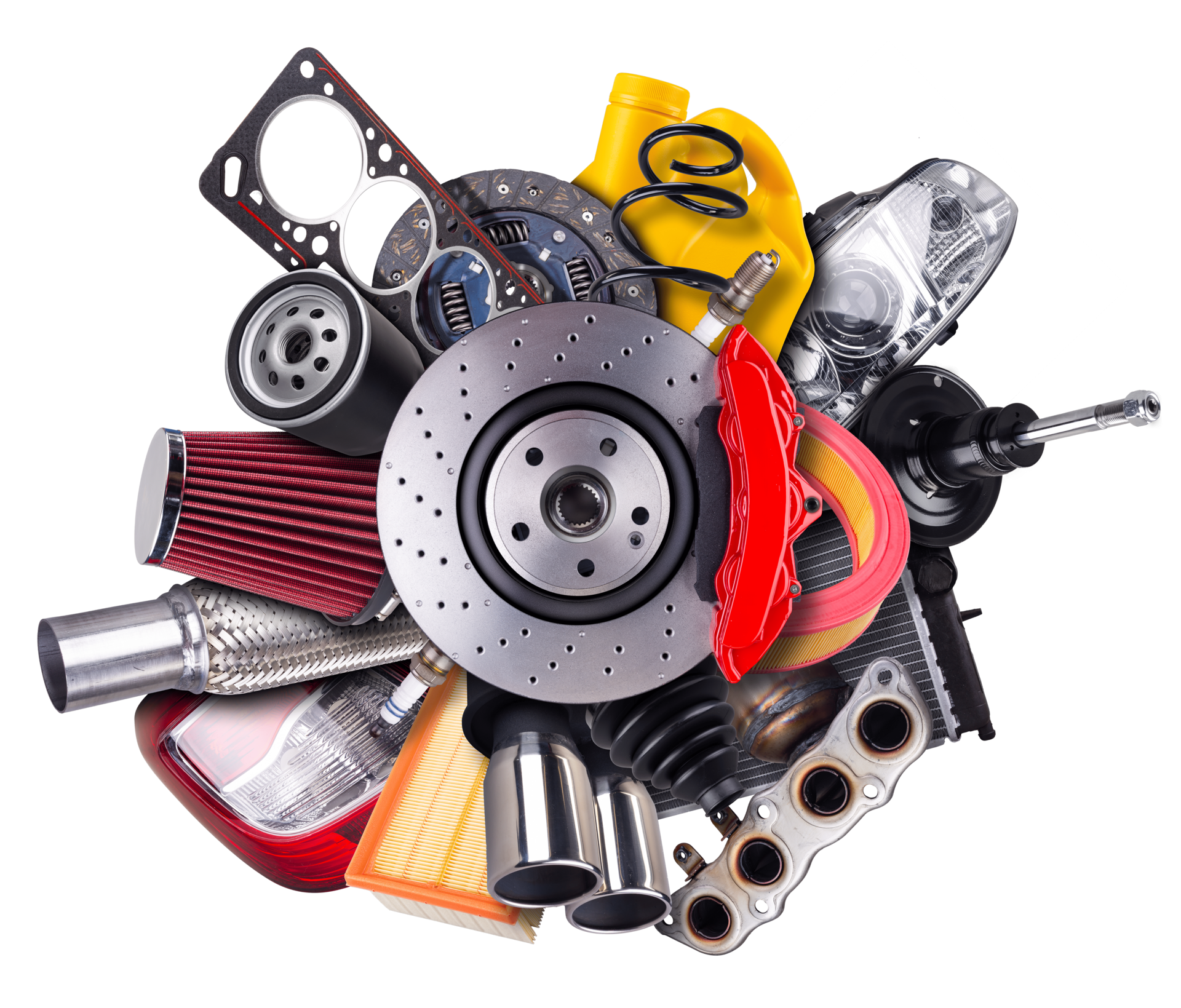 Pièces et accessoires automobiles assortis disposés autour d'un disque de frein, comprenant des tuyaux, des filtres et des composants métalliques.