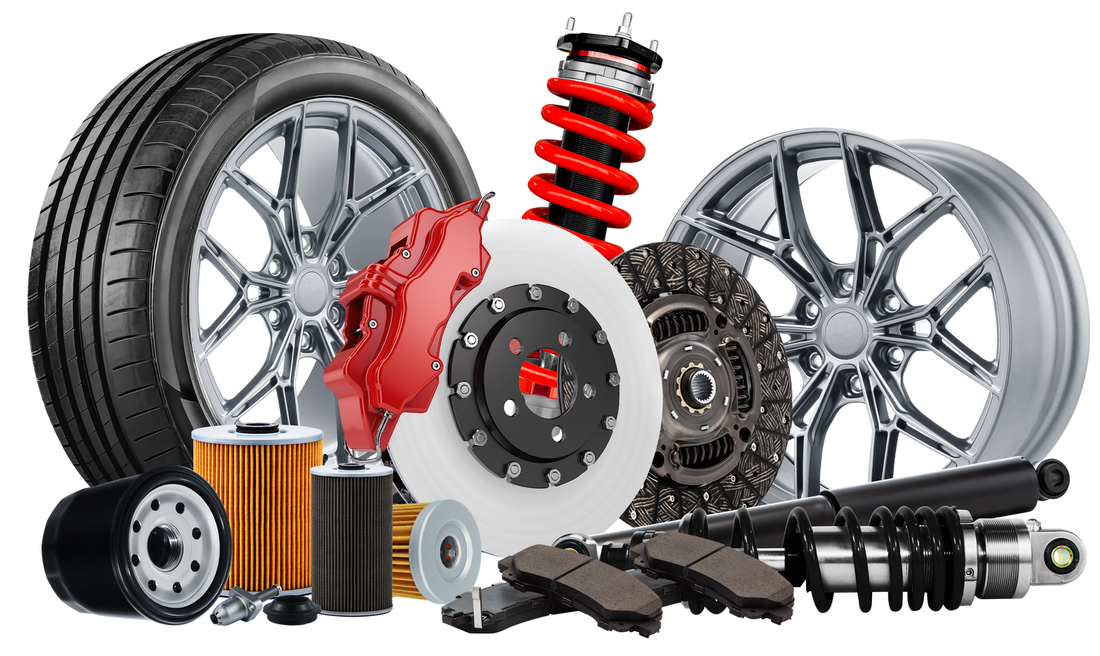 Pièces automobiles diverses, notamment pneus, roues, freins, suspension, filtres et composants de moteur, sur fond blanc.