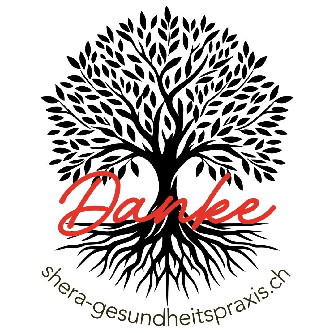 Schwarzer Baum mit „Danke“ in roter Schreibschrift, darunter „shera-gesundheitspraxis.ch“.