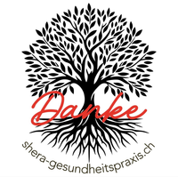 Schwarzer Baum mit „Danke“ in roter Schreibschrift, darunter „shera-gesundheitspraxis.ch“.