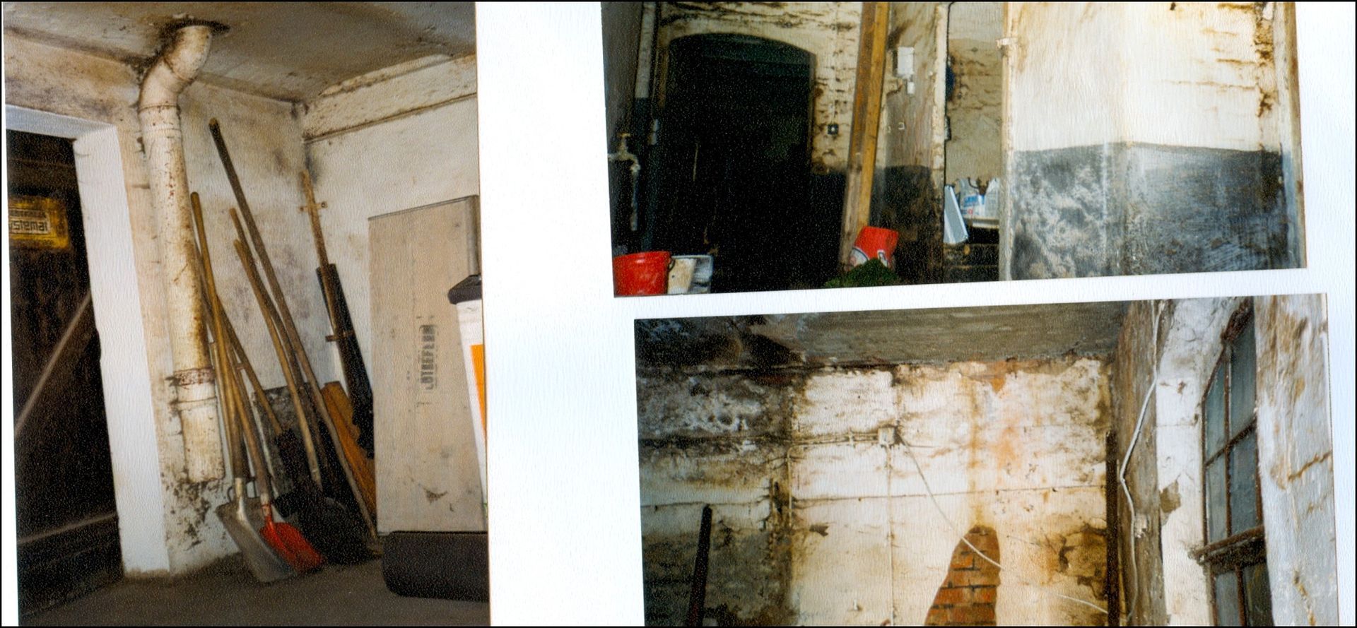 Innenansicht eines heruntergekommenen, schäbigen Zimmers, in dem verschiedene Gegenstände an den Wänden lehnen.