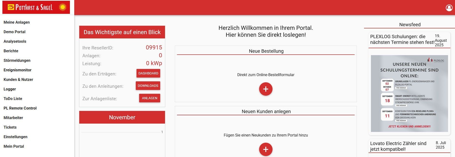Website-Oberfläche in Rot und Weiß. Navigation links, Inhalt in der Mitte, Zusatzinformationen rechts.