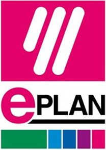 EPLAN-Logo: rosa Quadrat mit weißen schrägen Linien, darunter der Schriftzug „ePLAN“ und farbige Balken.