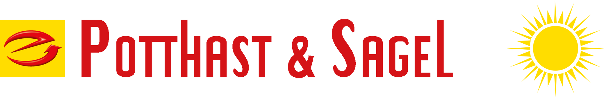 Logo für Potthast & Sagel mit einem Sonnensymbol. Der Text ist rot mit einem gelb-roten Symbol.