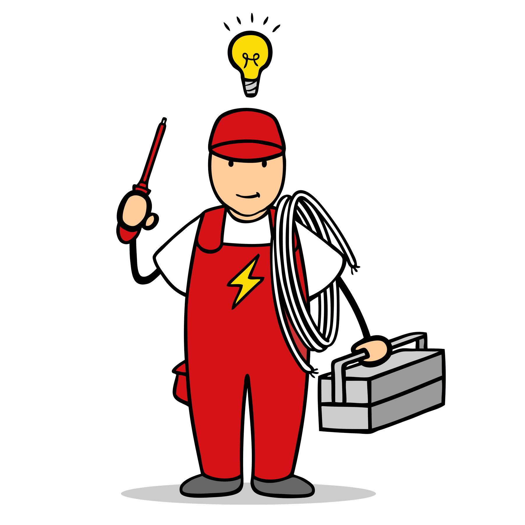 Elektriker mit Werkzeug, Glühbirne über dem Kopf, symbolisiert eine Idee.