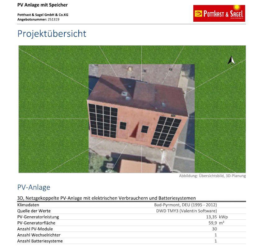Projektübersicht einer Photovoltaikanlage auf einem Dach. Die Vogelperspektive zeigt die Solarpaneele.