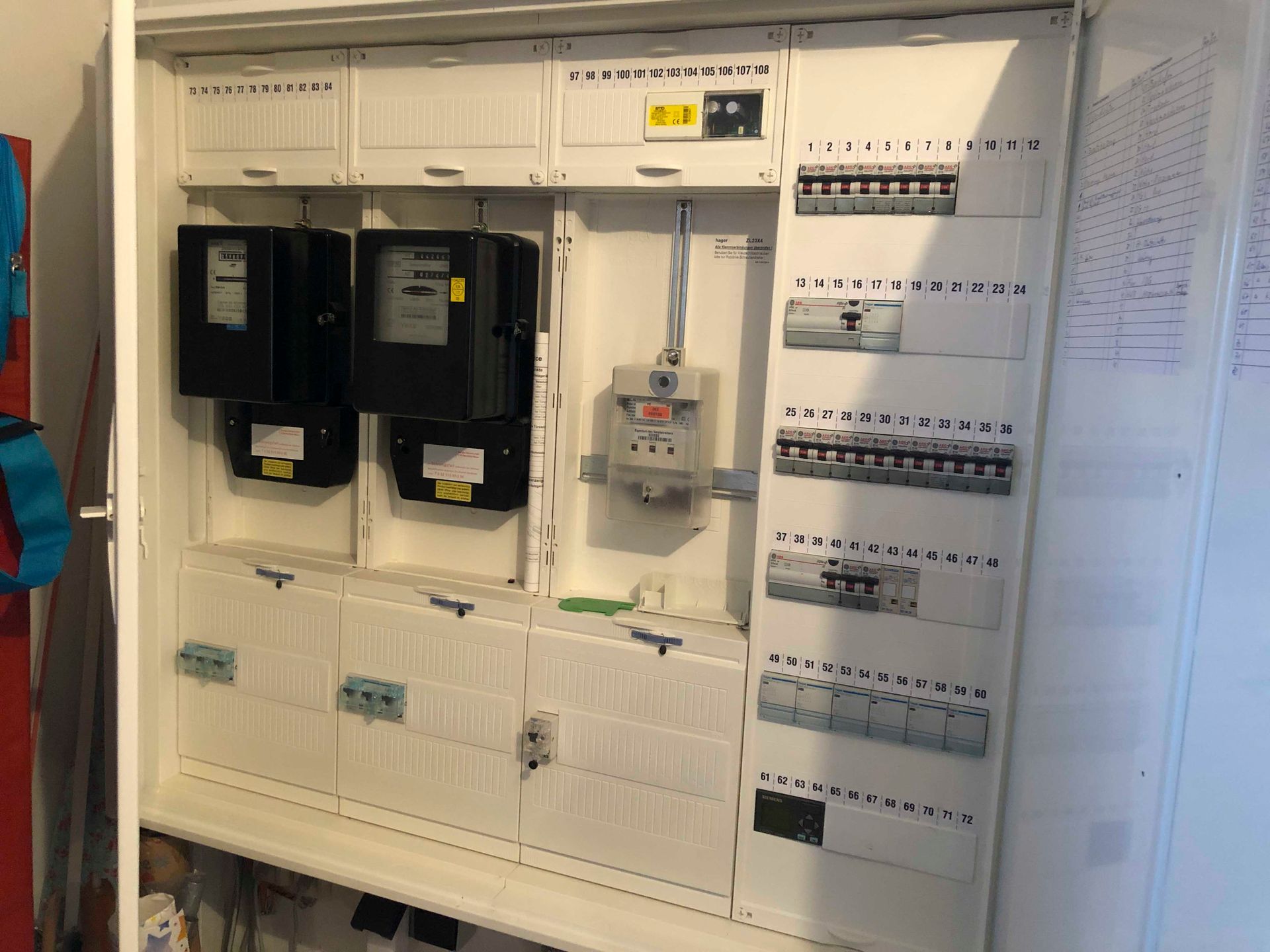 Schaltschrank mit Zählern, Sicherungsautomaten und Verkabelung. Weißer Schaltschrank in einem Raum.