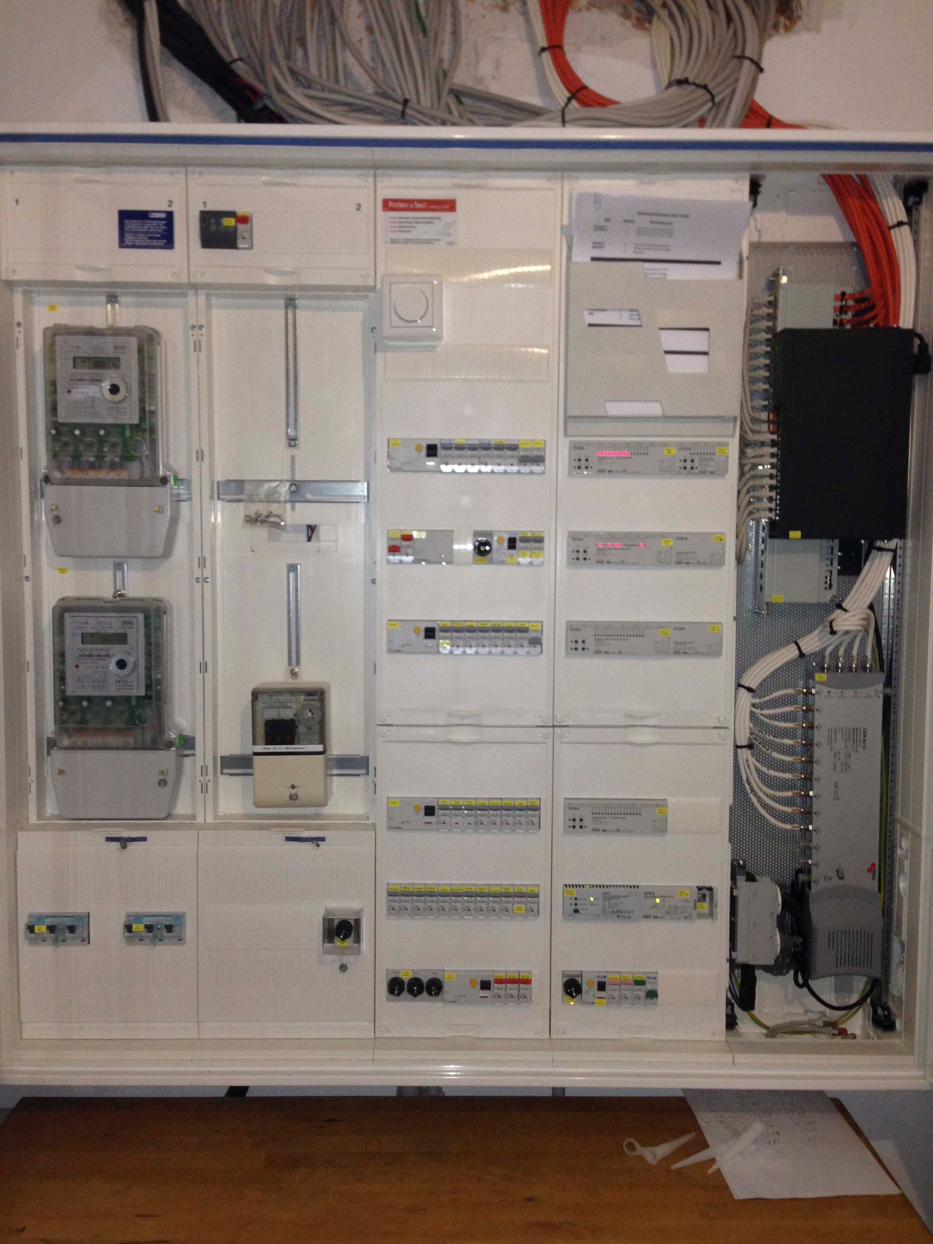 Weißer Schaltschrank mit Zählern, Sicherungsautomaten und Verkabelung.